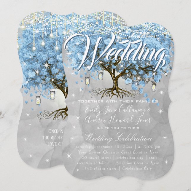 Invitation Menu Mason Jar Bleu Coeur Feutre Arbre Aquarelle (Devant / Derrière)