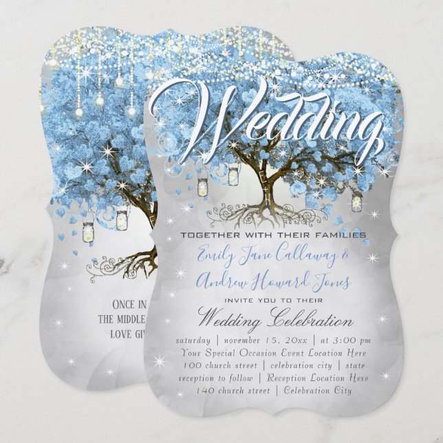 Invitation Menu Mason Jar Bleu Coeur Feutre Arbre Aquarelle (Devant / Derrière)