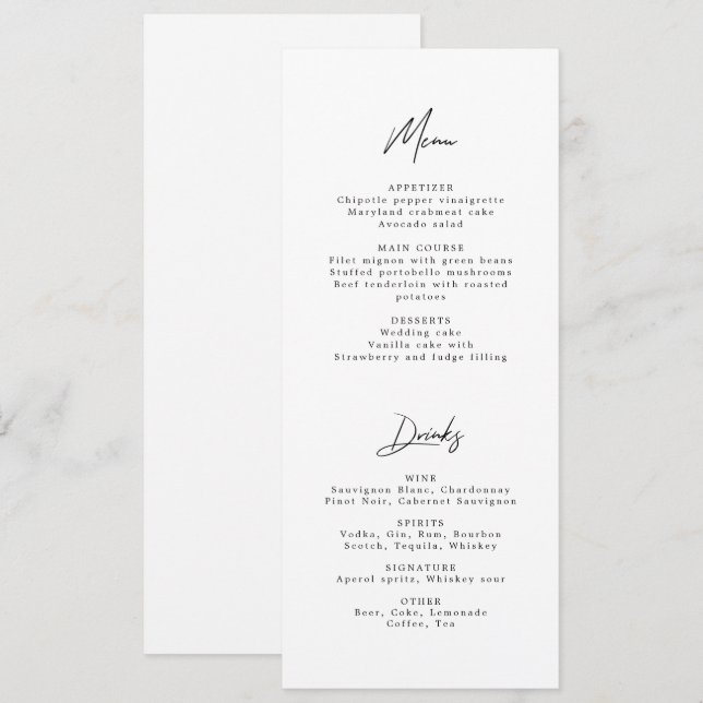 Invitation Menu minimaliste moderne Mariage noir et blanc (Devant / Derrière)