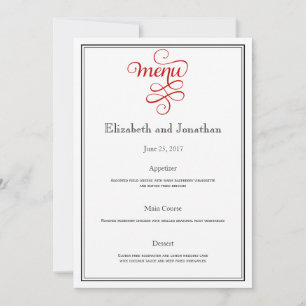 Invitation Menu Réception de mariage de script rouge