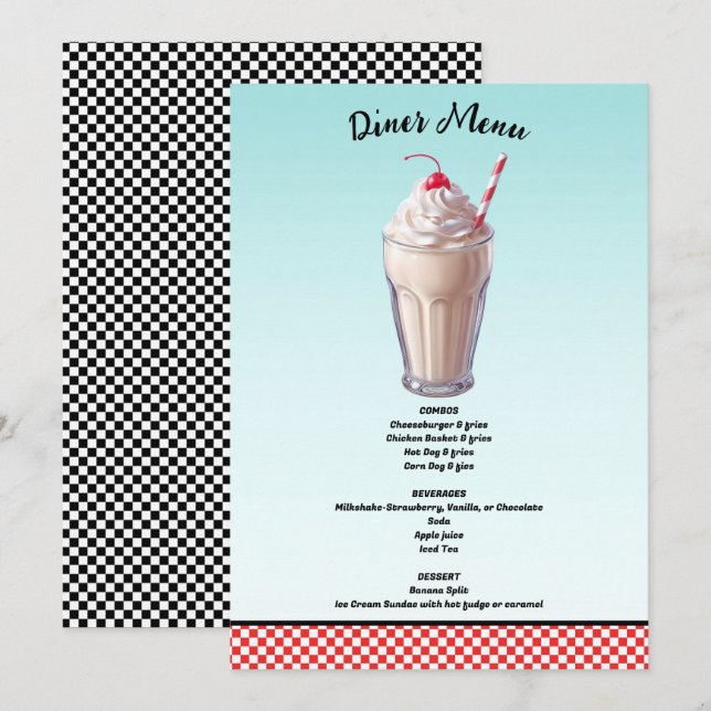 Invitation Menu Retro Diner Milkshake Ice Cree Party Menu (Devant / Derrière)