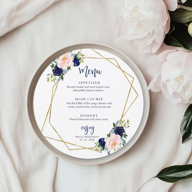 Invitation Menu Rond de Fête de Mariage Floral Or et Bleu Mar (Créateur téléchargé)