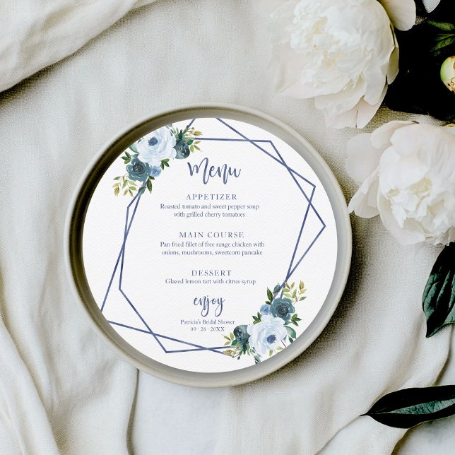 Invitation Menu Rond Fête des mariées Florale Bleu Dusty (Créateur téléchargé)