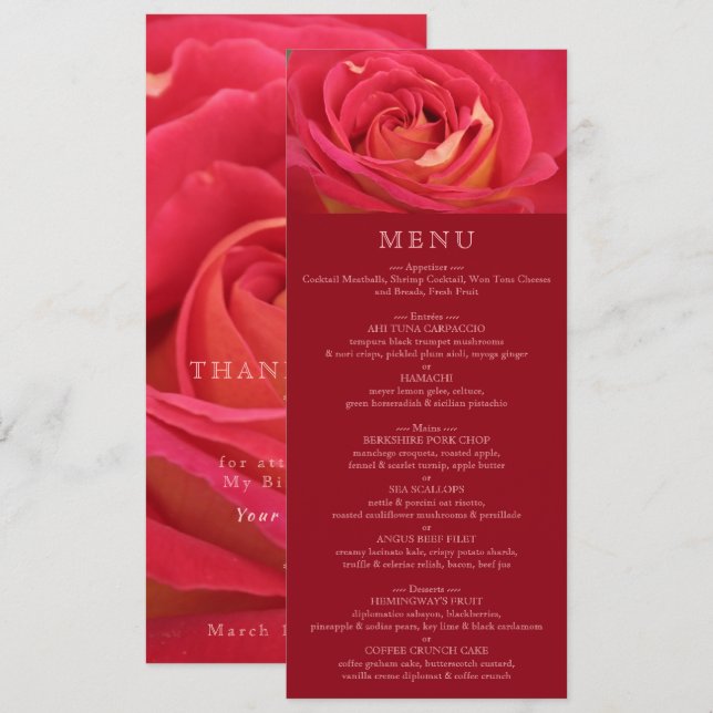 Invitation Menu rose de fête d'anniversaire (Devant / Derrière)