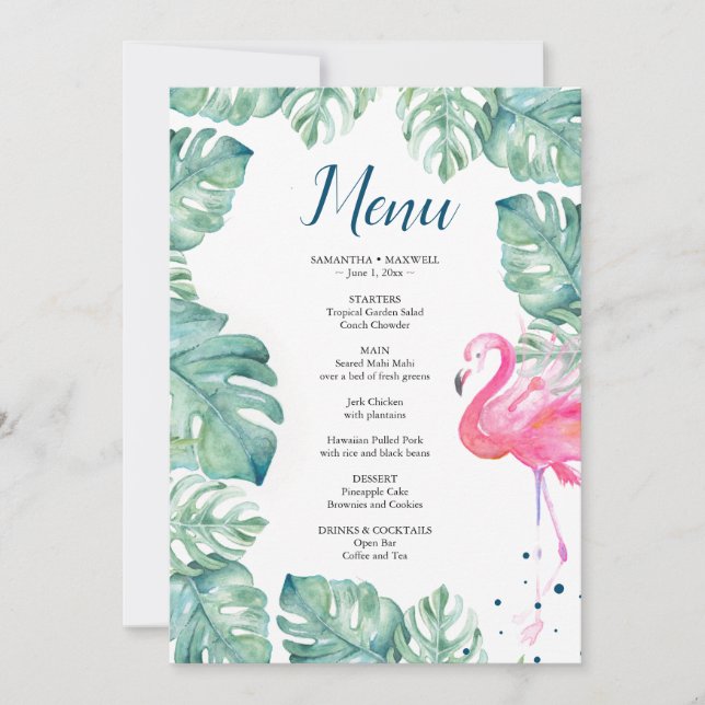 Invitation Menu tropical de Flamant rose d'aquarelle (Devant)