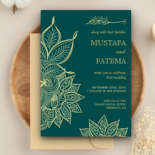 Invitation Mer d'or Vert Mehendi Henna Mariage islamique (Créateur téléchargé)