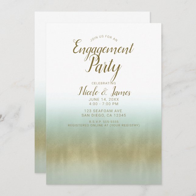 Invitation Mer Mer Or Blanc Elegant Beach Engagement Party (Devant / Derrière)