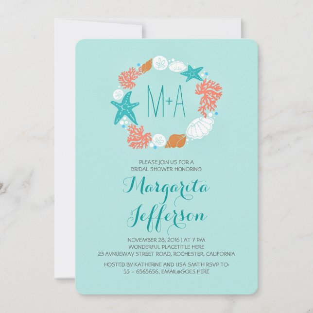 Invitation mer nautique couronne plage nuptiale douche invita (Devant)