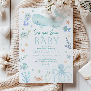 Invitation Mer Pastel Bleu Vous Bientôt Sous la Mer Baby Show