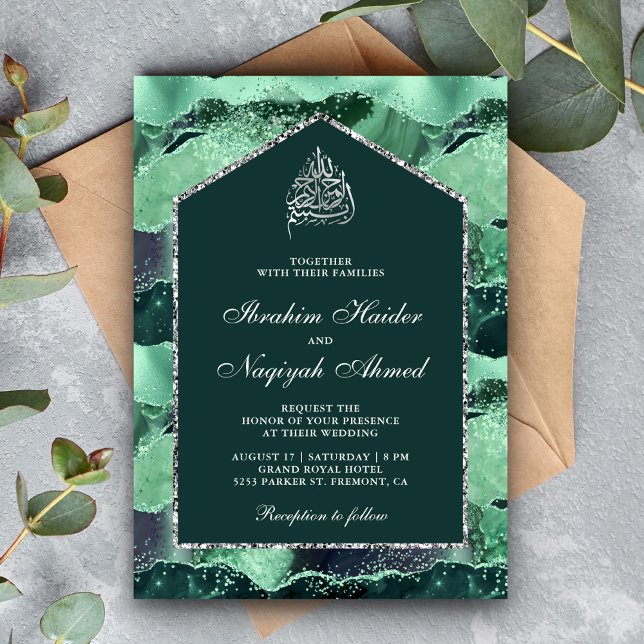 Invitation Mer Vert Argent Agate Marbre Arche Mariage musulma (Créateur téléchargé)