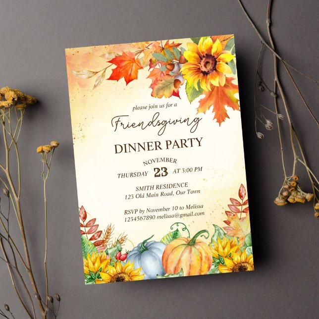 Invitation Merci amis donnant dîner modèle (Friendsgiving thanksgiving dinner party template invitation instant download watercolor pumpkins)