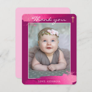 Invitation MERCI CHRISTENING feuille or croix rose foncé