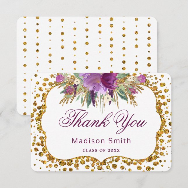 Invitation Merci de diplôme Floral Gold Parties scintillant C (Devant / Derrière)