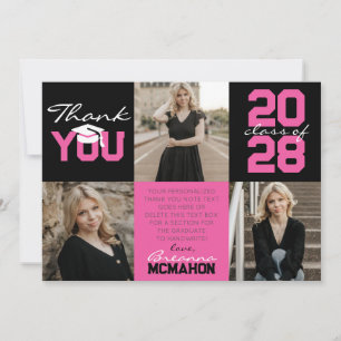 Invitation Merci de graduation de 3 photos en rose et noir ch