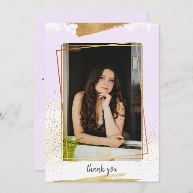 Invitation Merci de graduation mou violet et or encadré (Devant / Derrière)