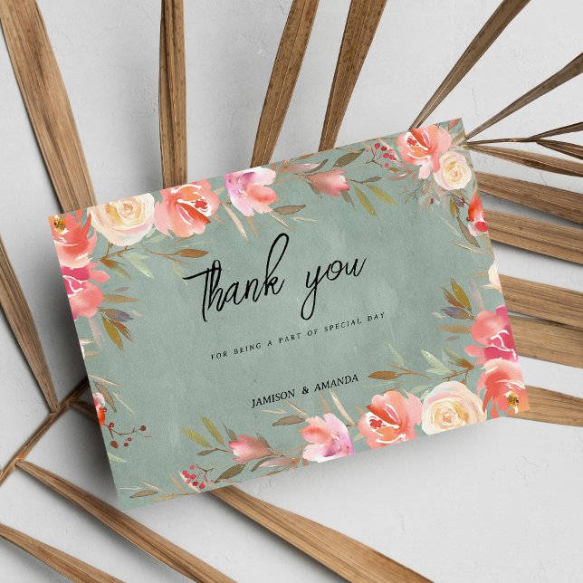 Invitation Merci d'hiver vert Mauve rose ivoire (Mauve green pink ivory winter Thank You )