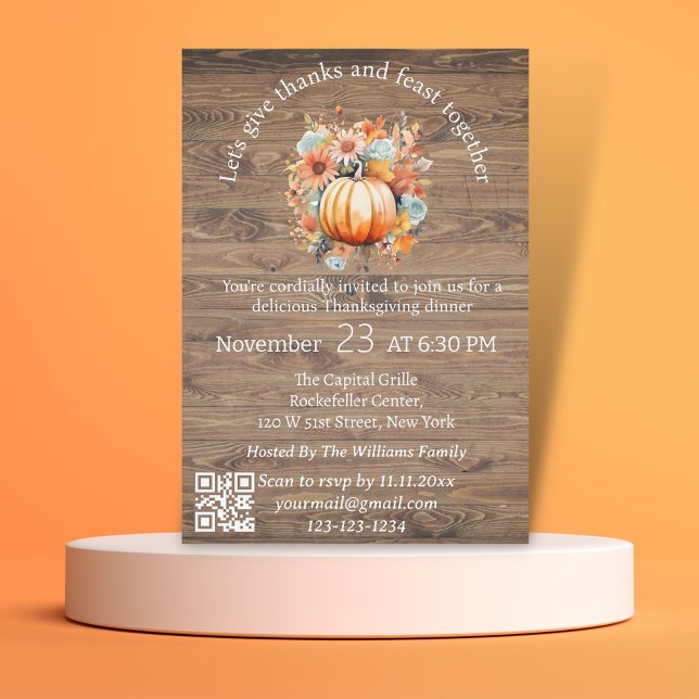 Invitation merci & festin thanksgiving rustique qr code moder (Créateur téléchargé)