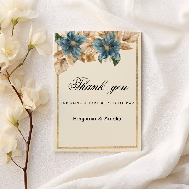 Invitation Merci floral de printemps en ivoire bleu (Blue ivory gold fall spring floral Thank You)