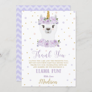 Invitation Merci floral mauve de Llama Fun Birthday Party
