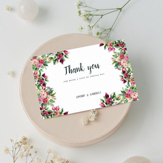 Invitation Merci floral vert rose bordeaux botanique (Botanic burgundy pink green floral Thank You)
