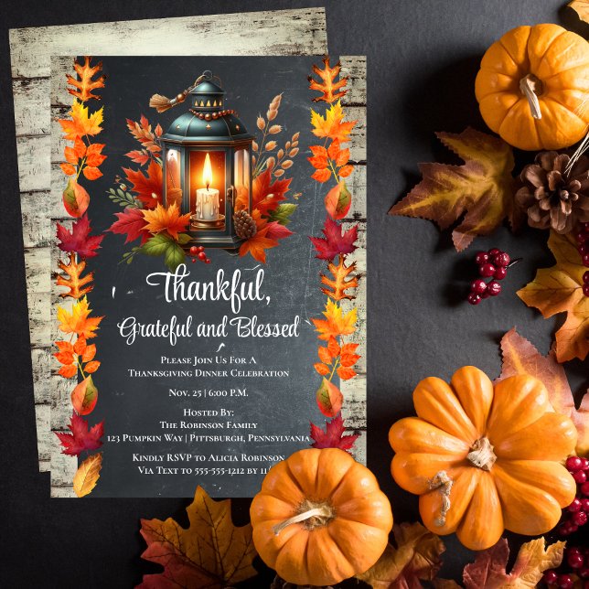 Invitation Merci Grateful and Blesseful Thanksgiving Dîner ("Thankful, Grateful and Blessed" Candlelit Lantern Thanksgiving Dinner Celebration Invitation)