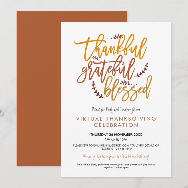 Invitation Merci Grateful béni Virtual Thanksgiving (Devant / Derrière)
