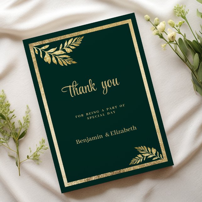 Invitation Merci luxueux en feuille dorée vert foncé (Luxury dark green golden leaf frame Thank You)