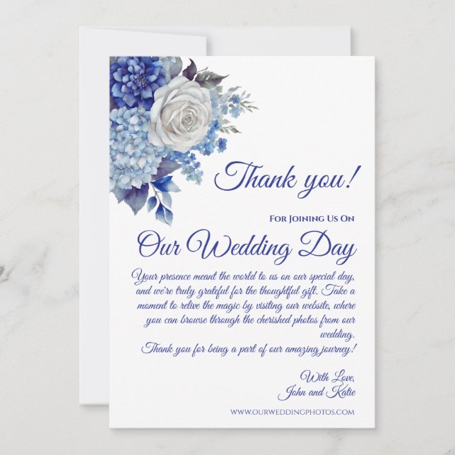 Invitation Merci Mariage à fleurs bleu aquarelle (Devant)