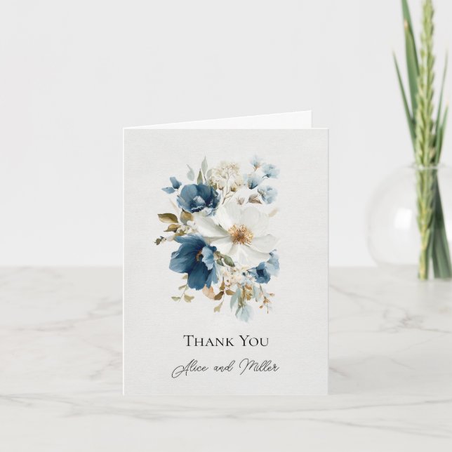 Invitation Merci Mariage floral bleu et blanc (Devant)