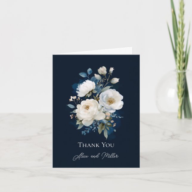 Invitation Merci Mariage floral bleu et blanc (Devant)