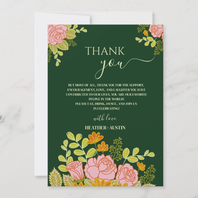 Invitation Merci Mariage vert foncé floral (Devant)