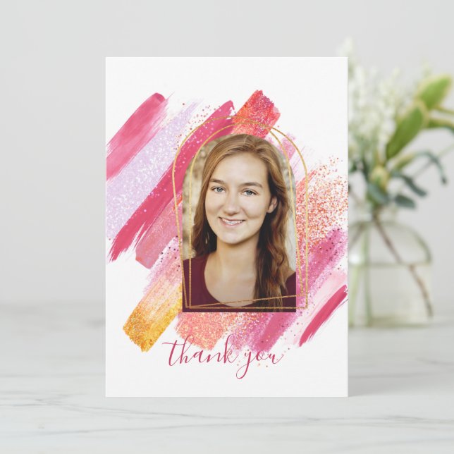 Invitation Merci moderne de graduation rose & or Arché (Debout devant)