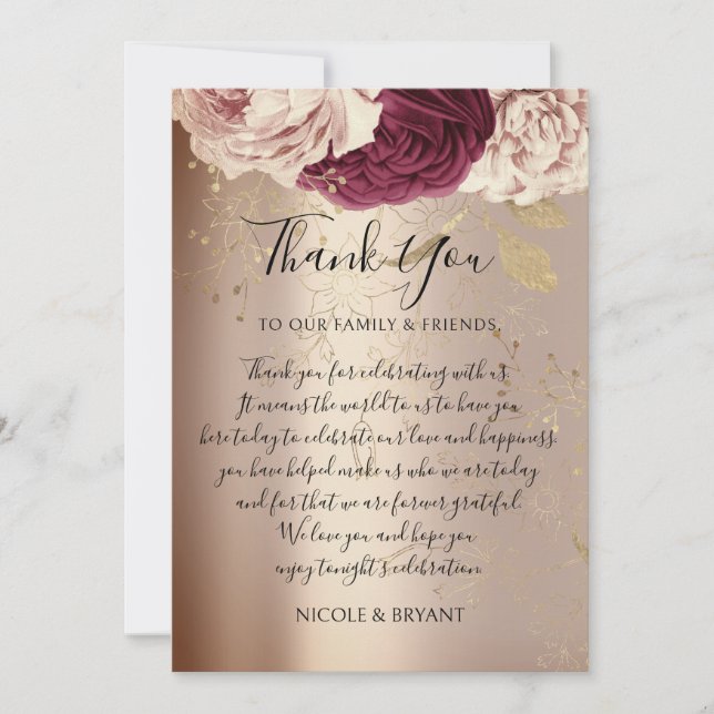 Invitation Merci Monogrammes Florales roses Marsala Rose Or (Devant)