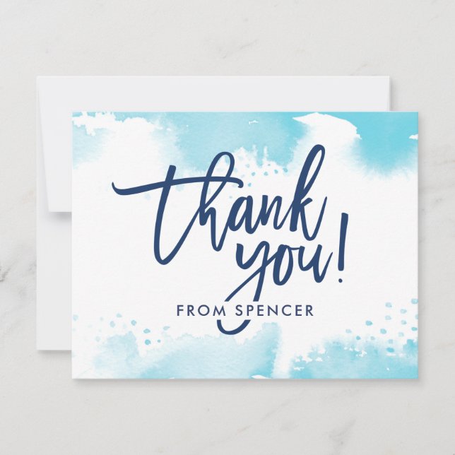Invitation MERCI NOTE aquarelle bleu aqua lettrée main (Devant)