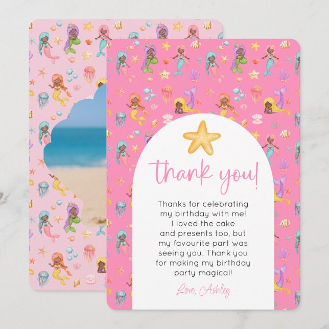 Invitation Merci photo de l'anniversaire de la Sirène (Devant / Derrière)