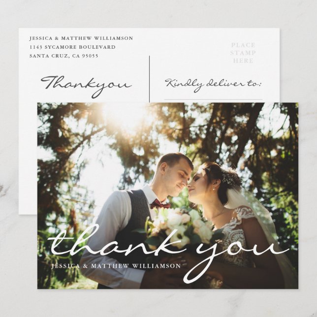 Invitation Merci photo Mariage de script élégant personnalisé (Devant / Derrière)