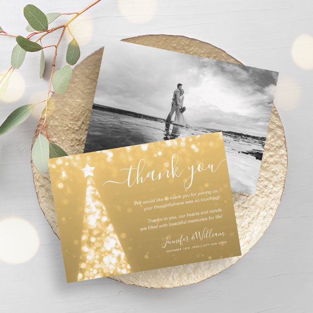 Invitation Merci photo Mariage d'or Festif Tree (Festive Tree Gold Wedding Photo Thank You Invitation)