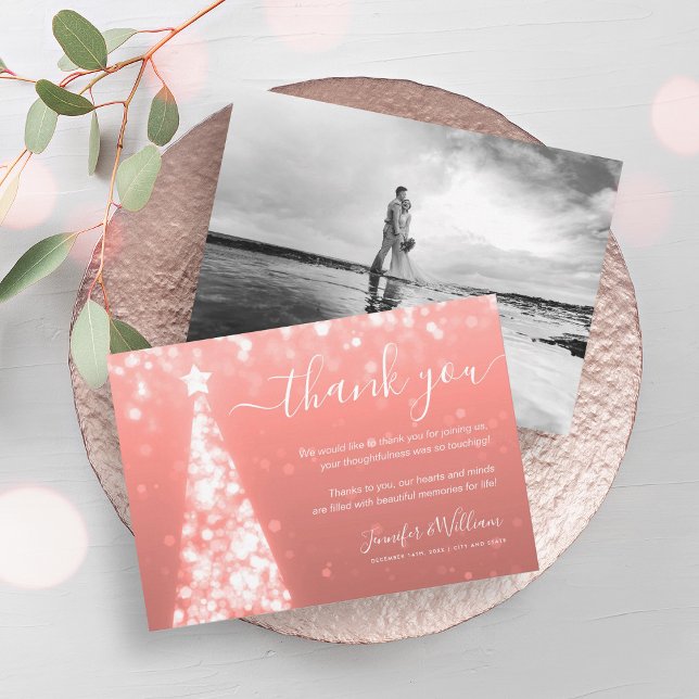 Invitation Merci photo Rose d'or  de l'arbre festif Mariage (Festive Tree Rose Gold Wedding Photo Thank You Invitation)