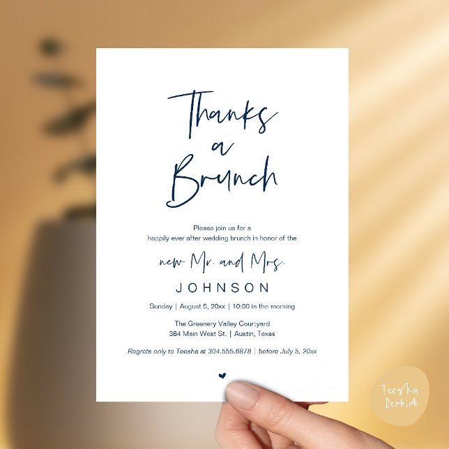 Invitation Merci pour un brunch, Célébration de mariage post- (Thanks a Brunch, Post modern wedding celebration, wedding crew, Invitation card, Navy Blue)