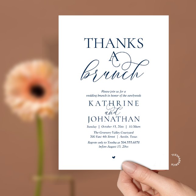 Invitation Merci pour un brunch, mariage moderne et élégant (Thanks A Brunch, Modern Classy Wedding Invitation Card in Navy Blue)