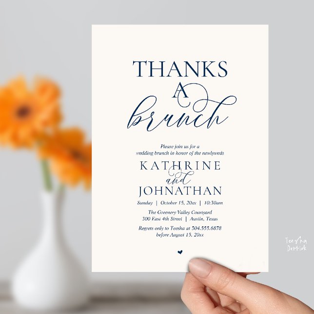 Invitation Merci pour un brunch, mariage moderne et élégant (Thanks A Brunch, Modern Classy Wedding Invitation Card in Navy Blue and Ivory)