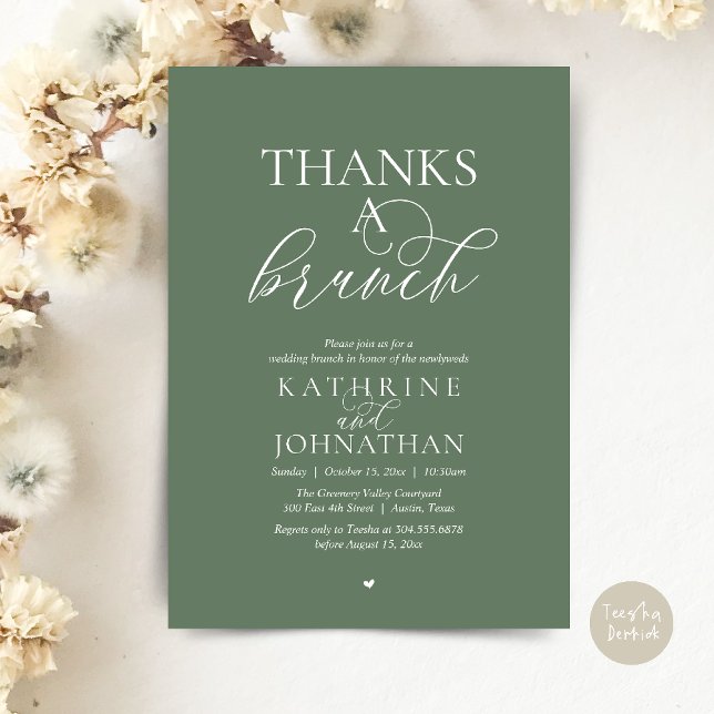 Invitation Merci pour un brunch, mariage moderne et élégant (Thanks A Brunch, Modern Classy Wedding Invitation Card in Sage Green)