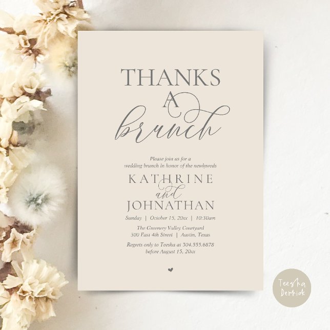 Invitation Merci pour un brunch, mariage moderne et élégant (Thanks A Brunch, Modern Classy Wedding Invitation Card in Cream and Grey)