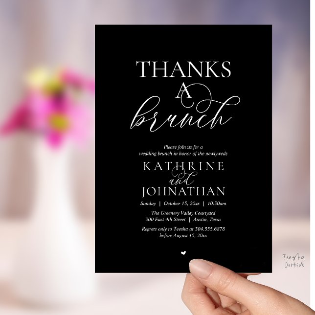 Invitation Merci pour un brunch, mariage moderne et élégant (Thanks A Brunch, Modern Classy Wedding Invitation Card in White and Black)