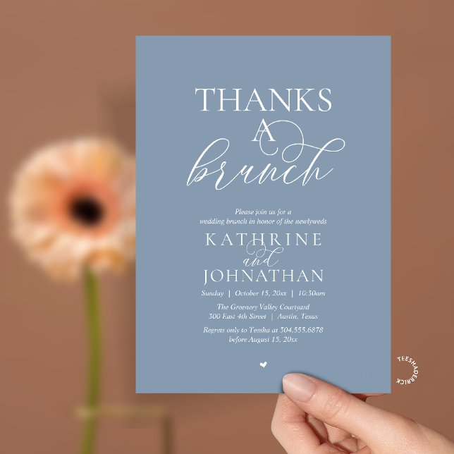 Invitation Merci pour un brunch, mariage moderne et élégant (Thanks A Brunch, Modern Classy Wedding Invitation Card in Dusty Blue)