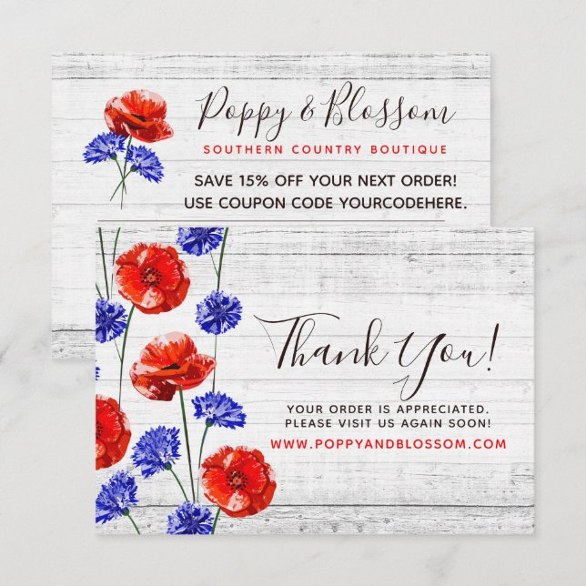 Invitation Merci Rouge Poppy & Cornflower Rustic Wood Card (Devant / Derrière)