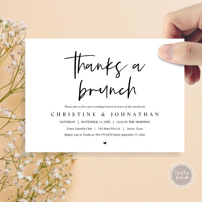 Invitation Merci un brunch, fêter les mariages invitati (Thanks a brunch, post wedding elopement invitation card, PDF, modern script, black and white)