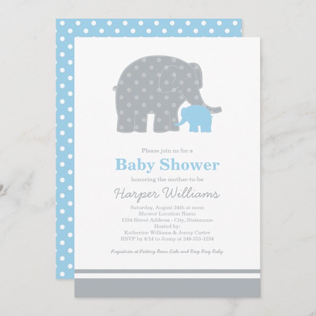 Invitation Mère Eléphant Baby shower de points gris bleu (Devant / Derrière)