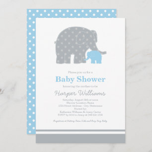 Invitation Mère Eléphant Baby shower de points gris bleu