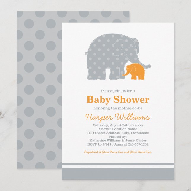Invitation Mère Eléphant Orange Grey Dots Baby shower (Devant / Derrière)